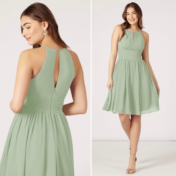 Azazie Bridesmaid Dress Siobhan Dusty Sage Green Knee Length Sleeveless Size A16 - Picture 1 of 15